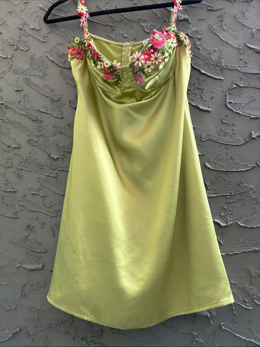 Floral Trim Satin Slip Dress up in Lime Green